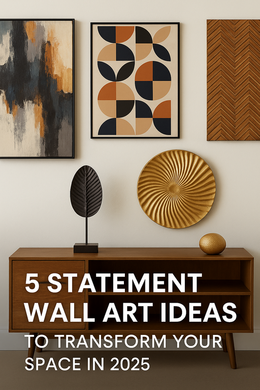 Modern neutral-toned living room featuring a luxury gold wall clock and abstract wall art above a contemporary sideboard styled with decorative vases and sculptural ornaments
