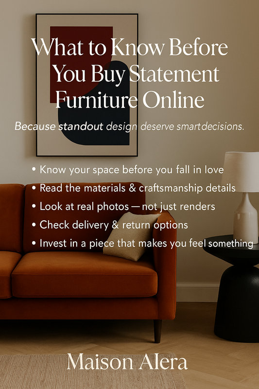 A modern living room with a burnt-orange velvet sofa, abstract wall art, and a round black side table, overlaid with text highlighting tips for buying statement furniture online, featuring the Maison Alera logo at the bottom