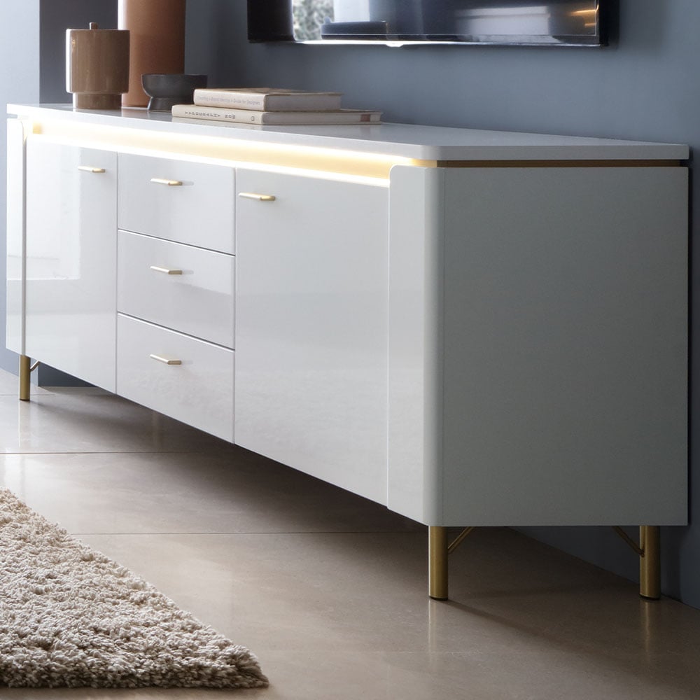Lazio TV Cabinet in Alpine White Gloss with 2 Doors, 1 Drawer, LED lighting and gold legs, modern media unit for luxury living rooms