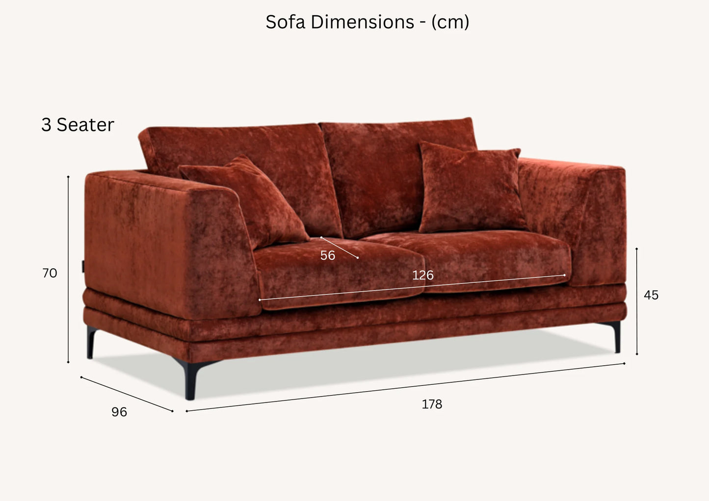 Lenox Sofa in Rust Velvet – Mid-Century Modern Sofa by Aluxo with Plush Cushions and Wooden Plinth Base