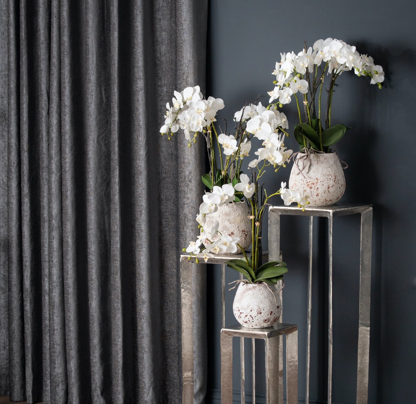 White Faux Orchid in Aged Stone Pot – Realistic Artificial Floral Centerpiece (70cm)