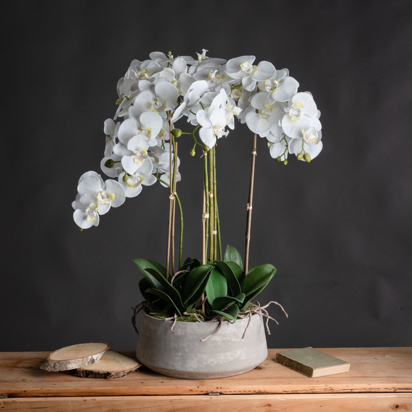 Large Faux White Orchid in Stone Pot