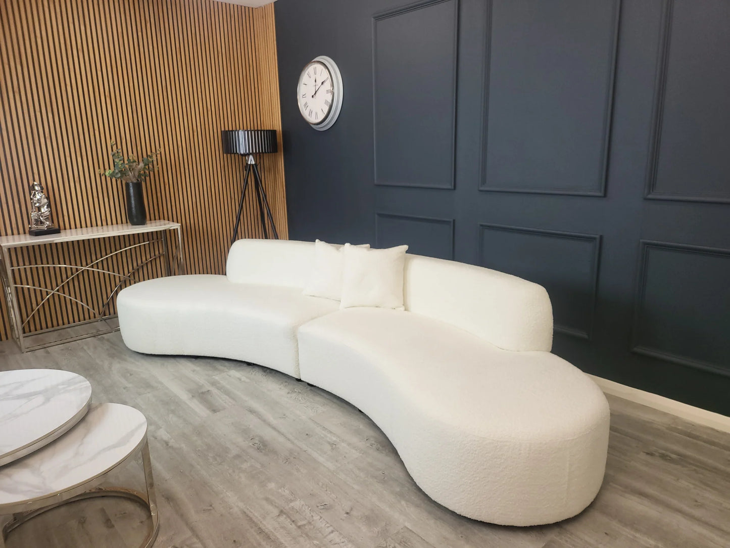 Miami Curved Cinema Sofa in Bouclé with sculptural curved design, soft fabric upholstery, deep seats and modern silhouette, available in 6 stylish colours