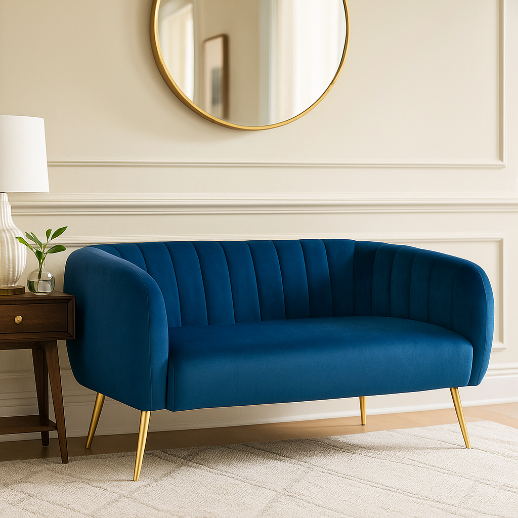 Modern teal velvet 2-seater sofa with vertical channel tufting and slim gold metal legs – stylish compact seating