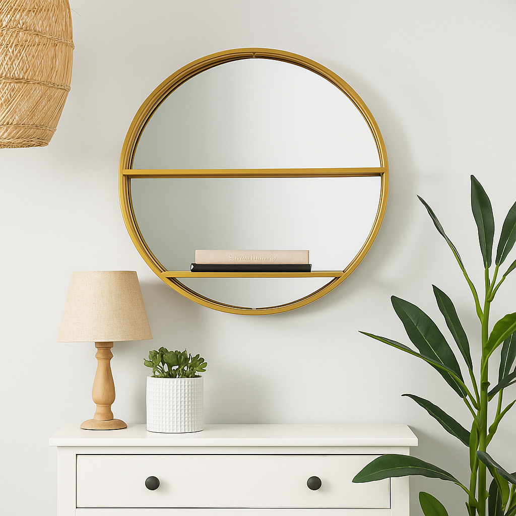 Round gold mirror with shelves on a white wall above a white console table with decor items.