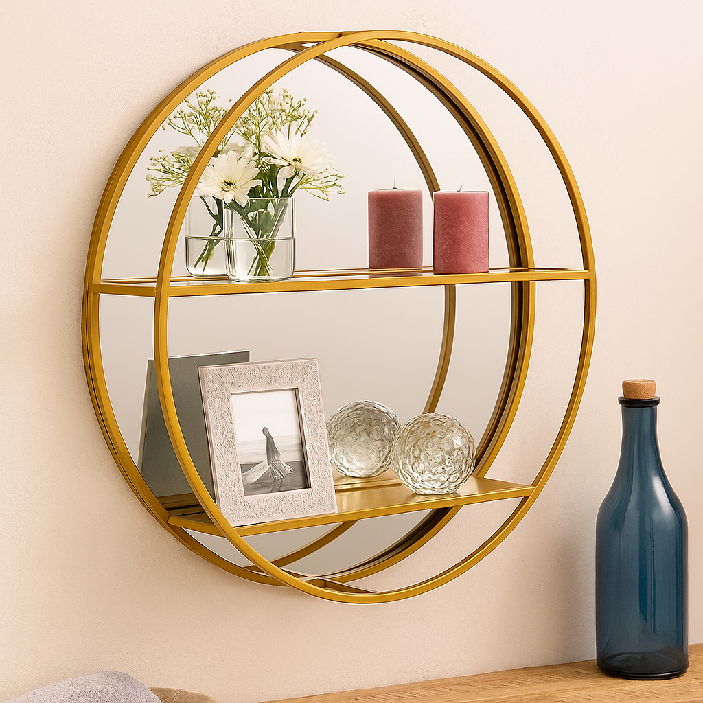 Gold circular wall shelf with decorative items on a beige wall