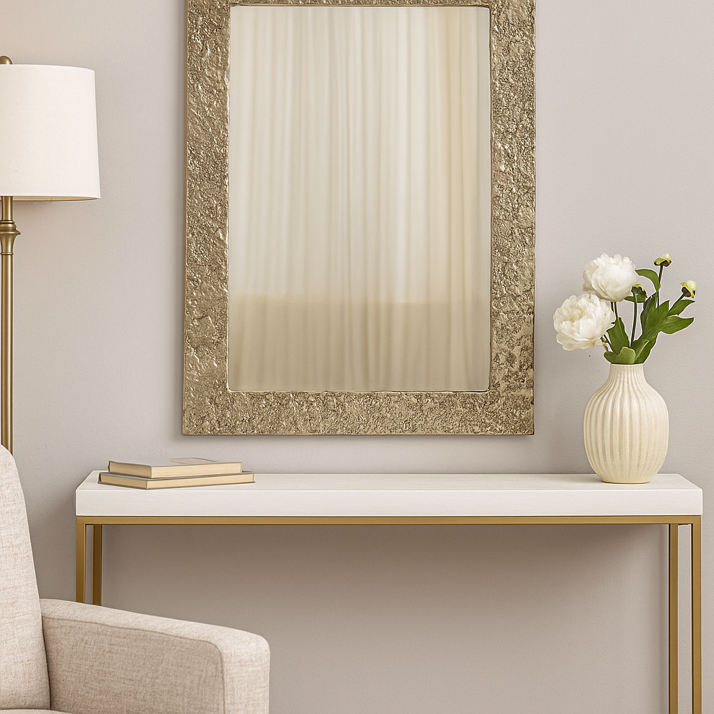 Decorative mirror on a console table with a vase of flowers and books in a room setting.