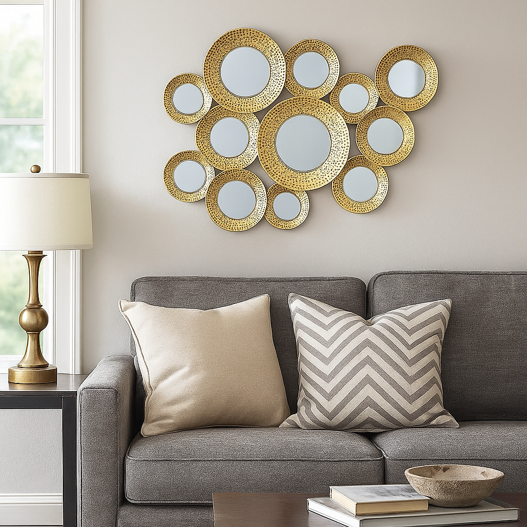 Decorative wall mirror with circular mirrors above a gray sofa with patterned cushions.