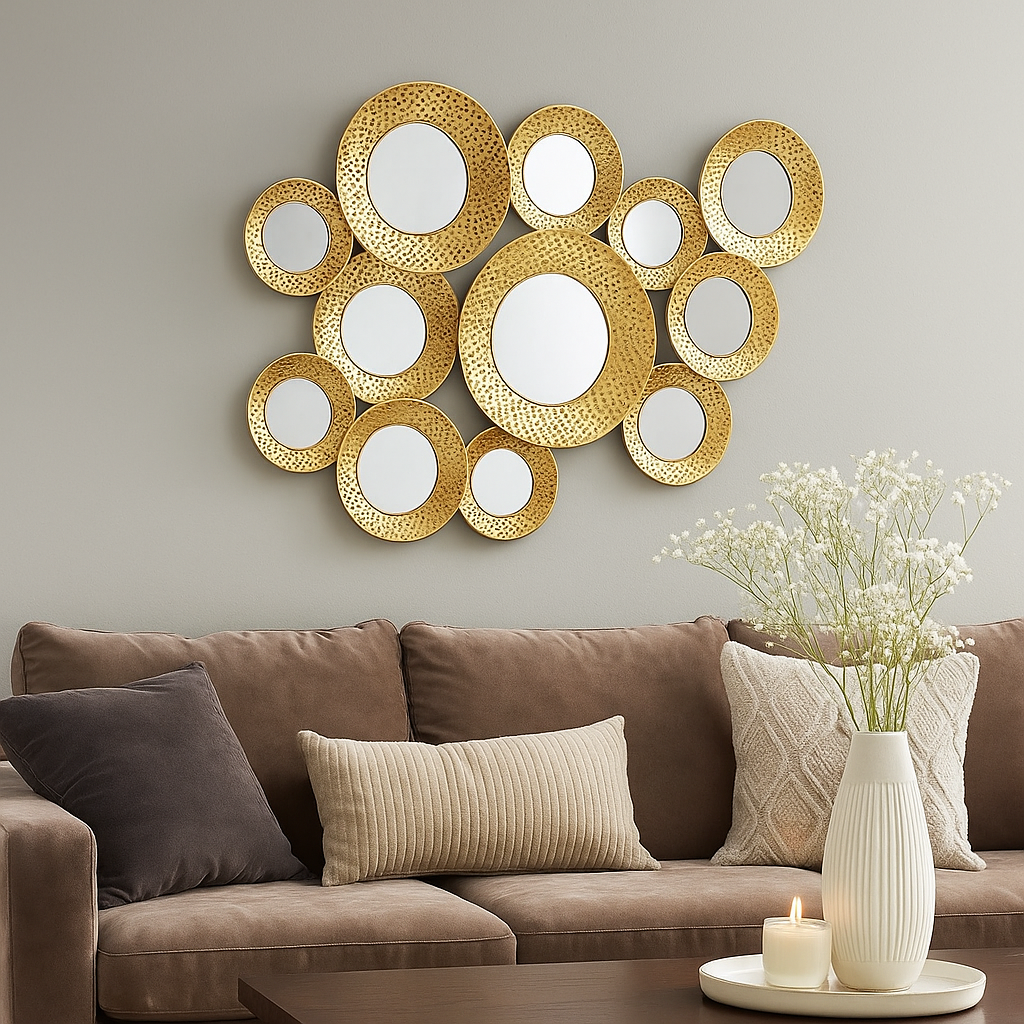 Decorative wall mirror with gold frames above a brown sofa in a living room.