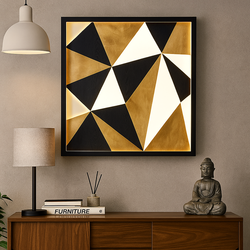 Geometric abstract art piece on a wall above a wooden console table with decor items.