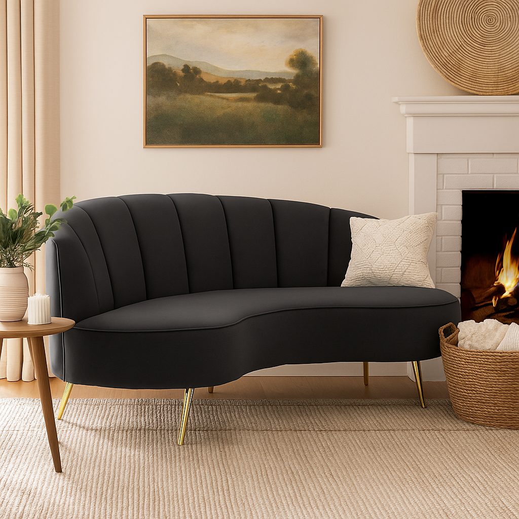 Black velvet curved sofa with pleated back and gold legs, 3 seater mid-century style