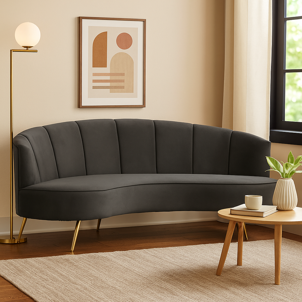 Black velvet curved sofa with pleated back and gold legs, 3 seater mid-century style