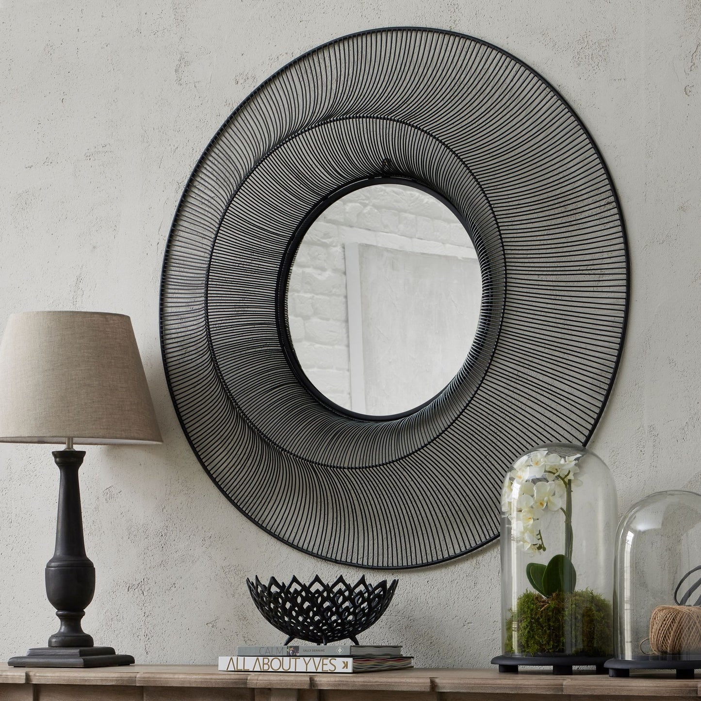 Chico large 120cm square wall mirror with black wire grid frame and 15cm depth, industrial style for modern interiors.