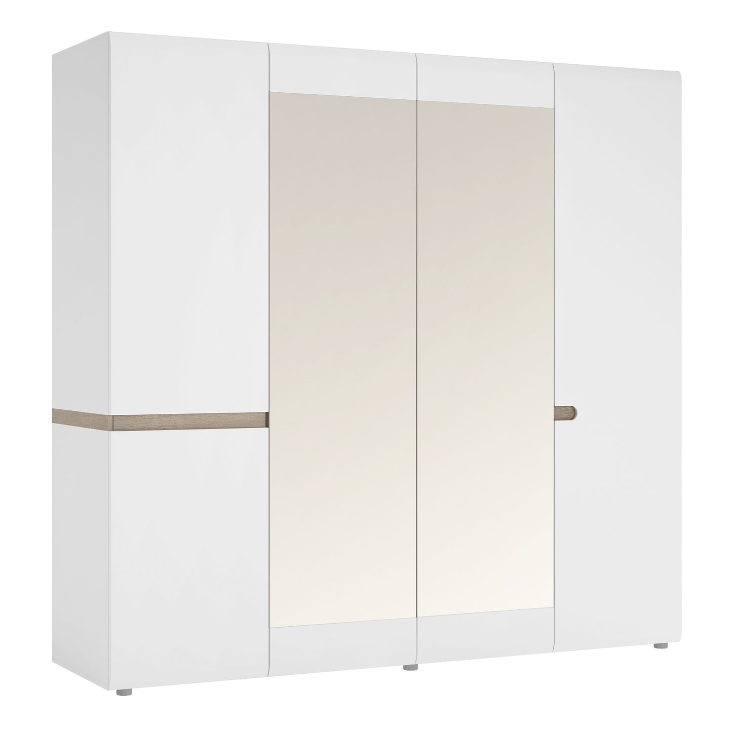 Chelsea 4 Door Mirrored Wardrobe – White High Gloss with Truffle Oak Trim | Adjustable Storage