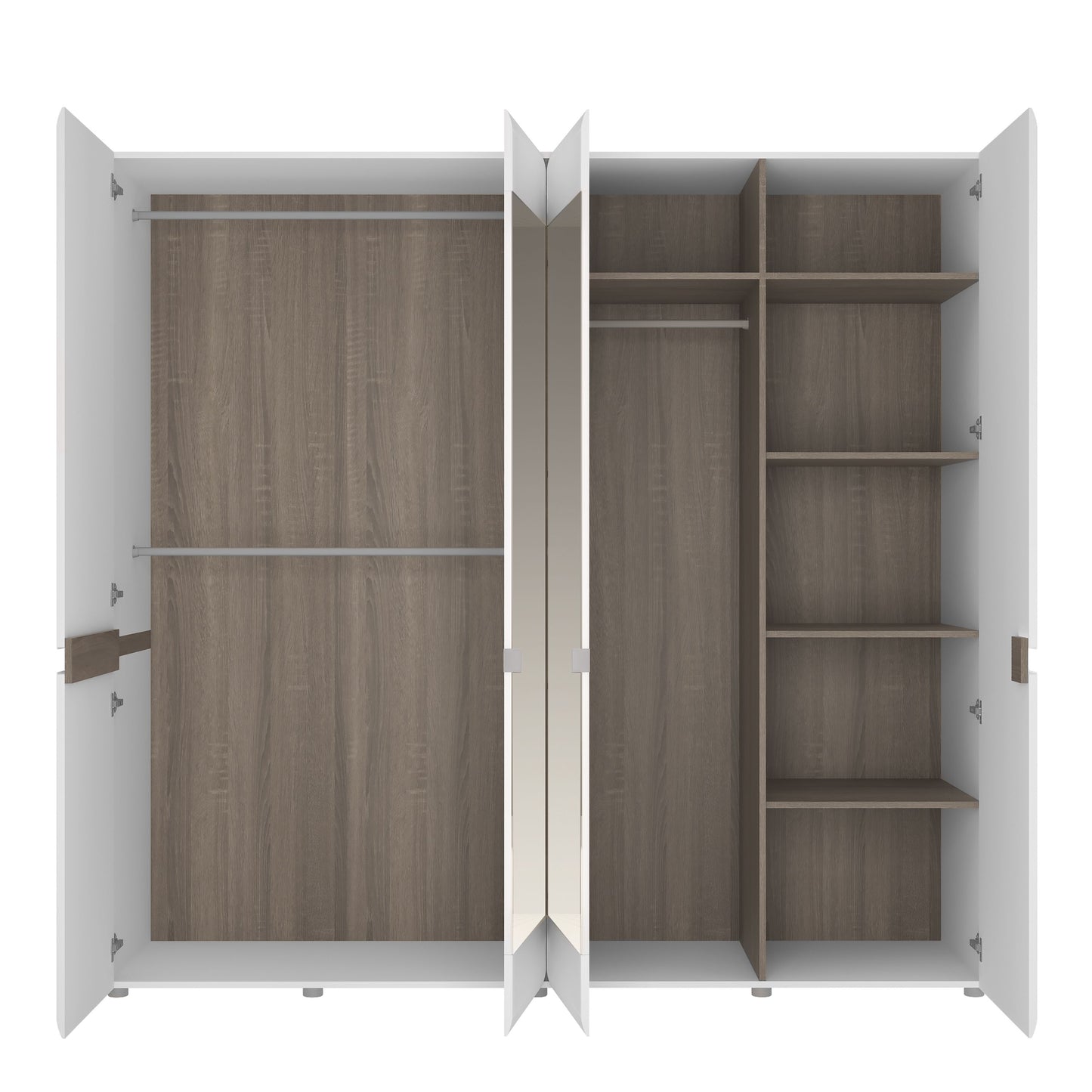 Chelsea 4 Door Mirrored Wardrobe – White High Gloss with Truffle Oak Trim | Adjustable Storage