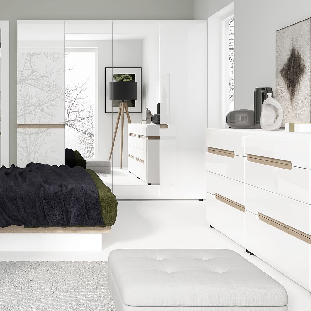 Chelsea 4 Door Mirrored Wardrobe – White High Gloss with Truffle Oak Trim | Adjustable Storage