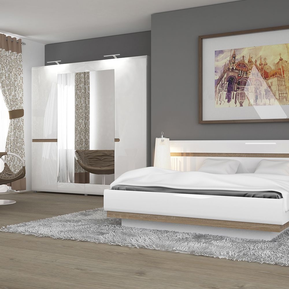 Chelsea 4 Door Mirrored Wardrobe – White High Gloss with Truffle Oak Trim | Adjustable Storage