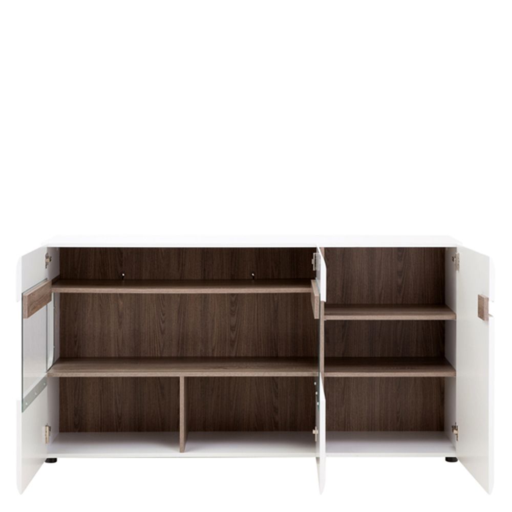 Chelsea Glazed Sideboard – 3 Door High Gloss Cabinet in White with Truffle Oak Trim