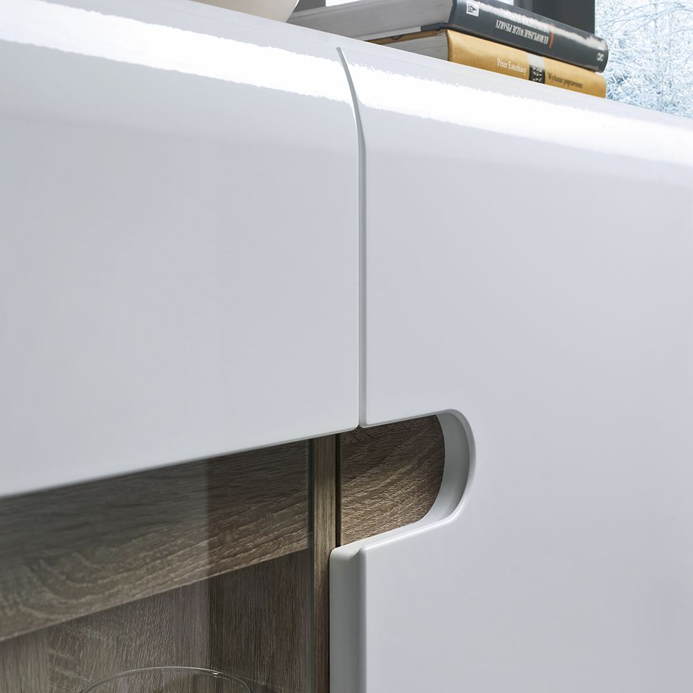 Chelsea Glazed Sideboard – 3 Door High Gloss Cabinet in White with Truffle Oak Trim