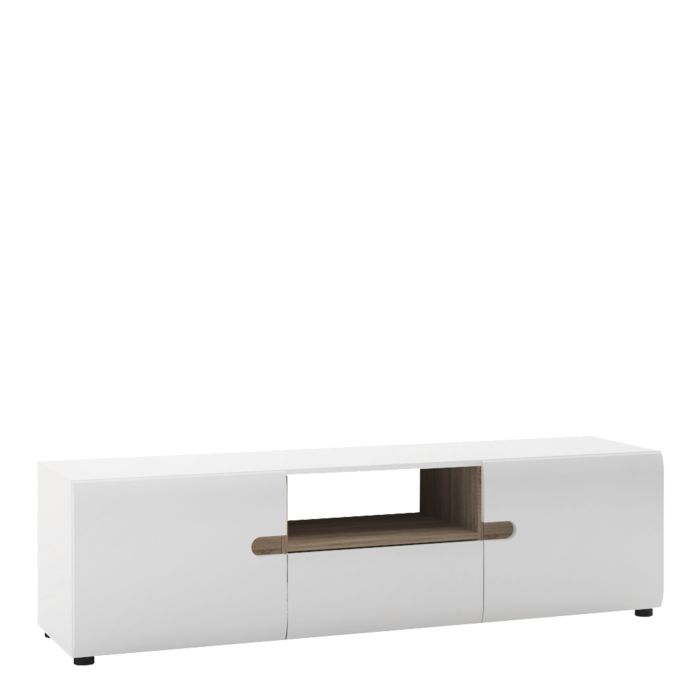 Modern Chelsea Wide TV Unit in White High Gloss with Truffle Oak Trim – 164cm