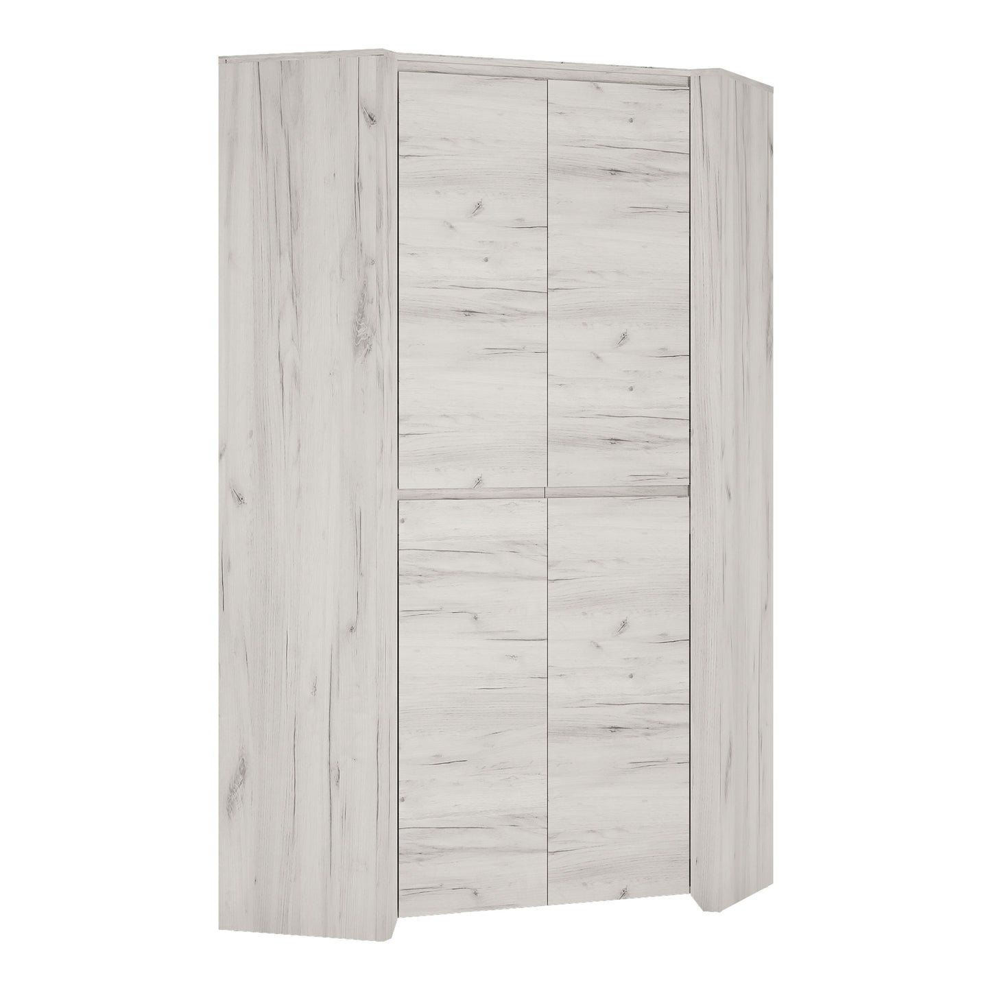 Angel corner fitted wardrobe in white oak-effect finish, featuring clean vertical panels and a space-efficient design with minimalist styling