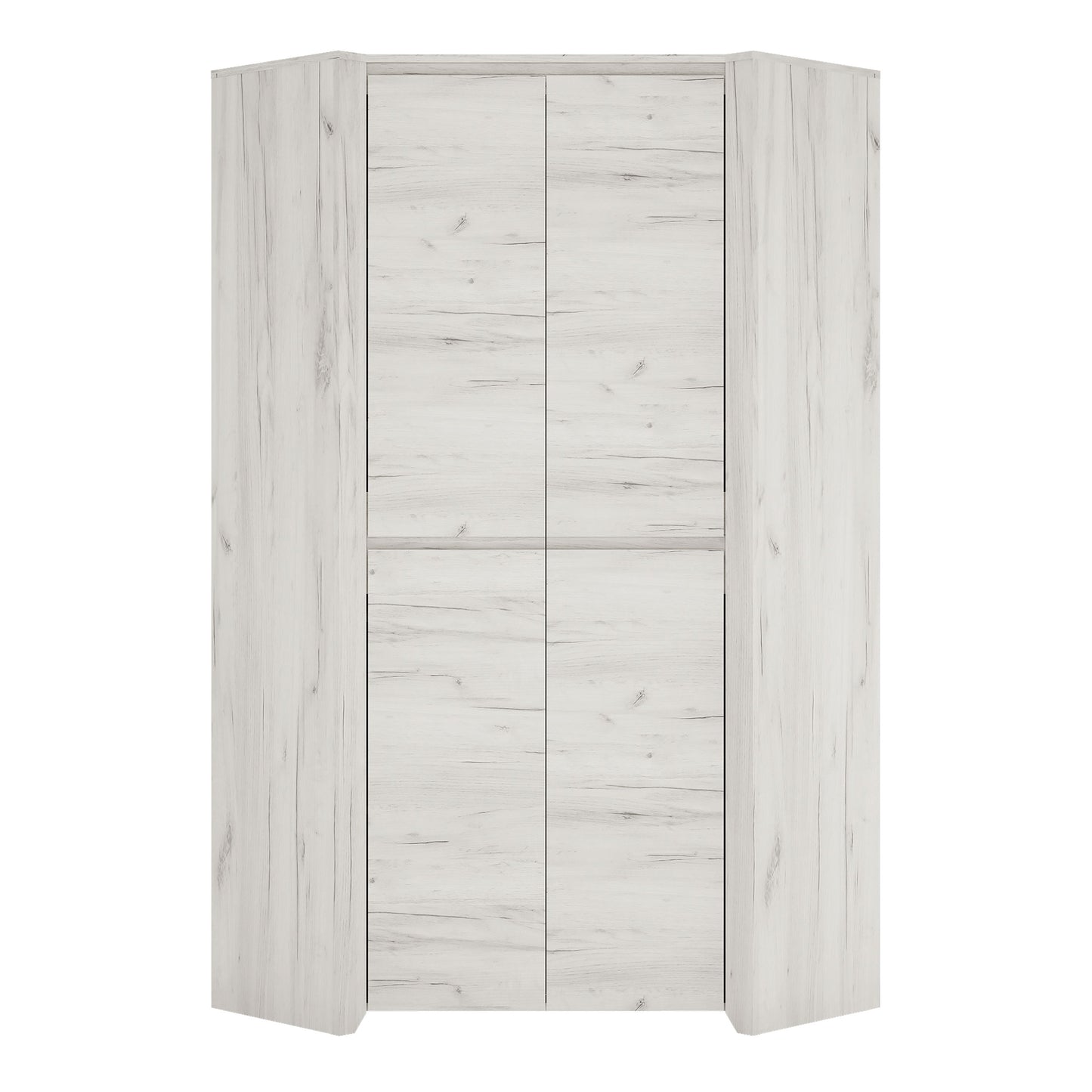Angel corner fitted wardrobe in white oak-effect finish, featuring clean vertical panels and a space-efficient design with minimalist styling