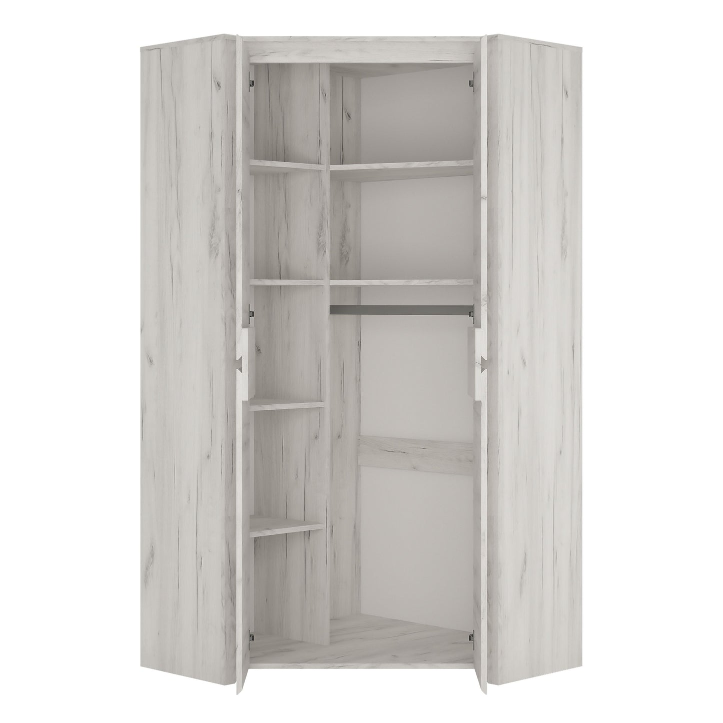 Angel Corner Fitted Wardrobe – White Oak Effect | Space-Saving Corner Closet with Hanging Rail and Adjustable Shelves