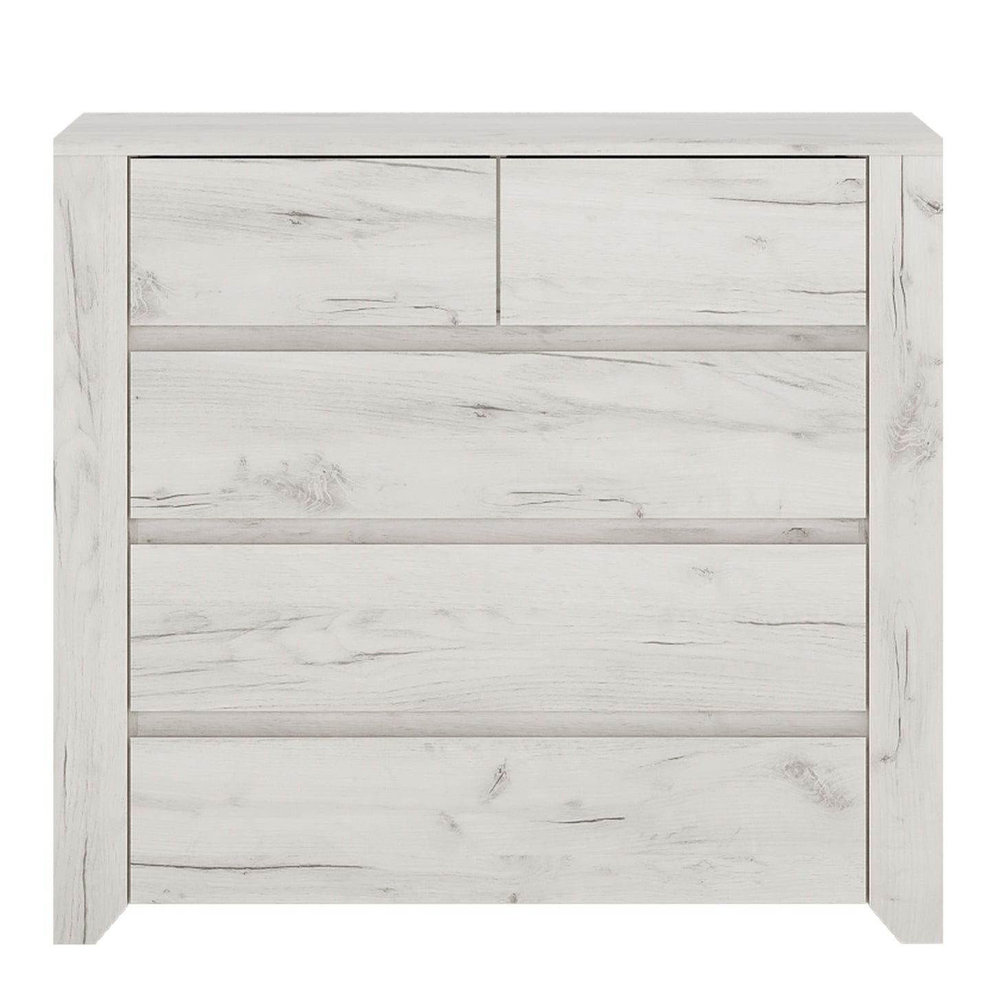 Angel 2+3 chest of drawers in white oak-effect finish with two small top drawers and three wide drawers, ideal for bedroom storage