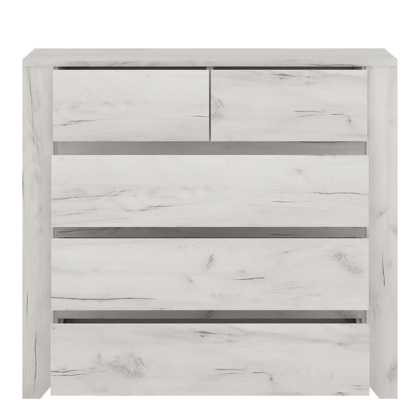 Angel 2+3 chest of drawers in white oak-effect finish with two small top drawers and three wide drawers, ideal for bedroom storage