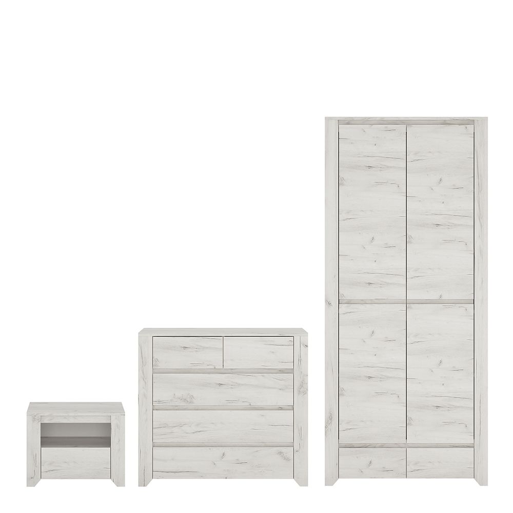 Angel 3 piece white oak-effect bedroom furniture set including 1 drawer bedside cabinet, 5 drawer chest, and 2 door 2 drawer wardrobe, in a modern matching finish
