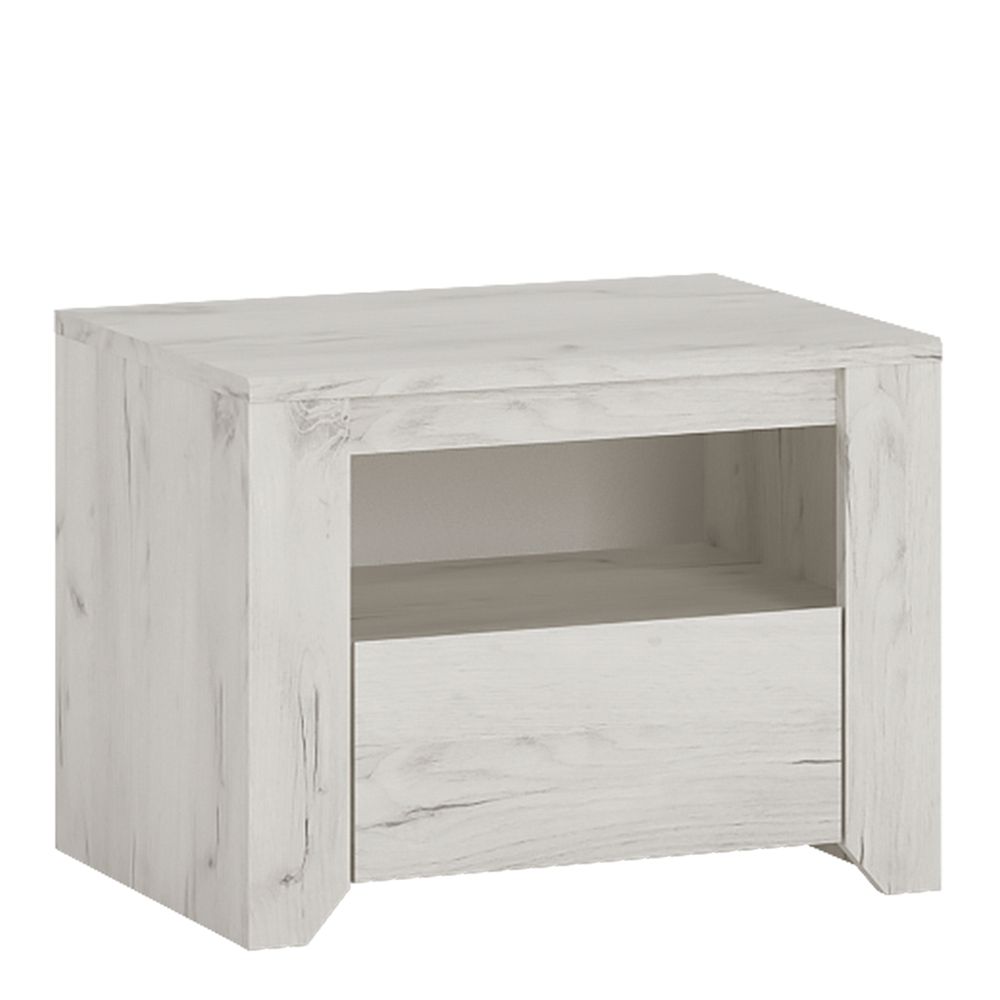 Angel Bedroom Furniture Set – 3 Piece Package in White Oak Finish | Bedside Table, 5 Drawer Chest & 2 Door 2 Drawer Wardrobe