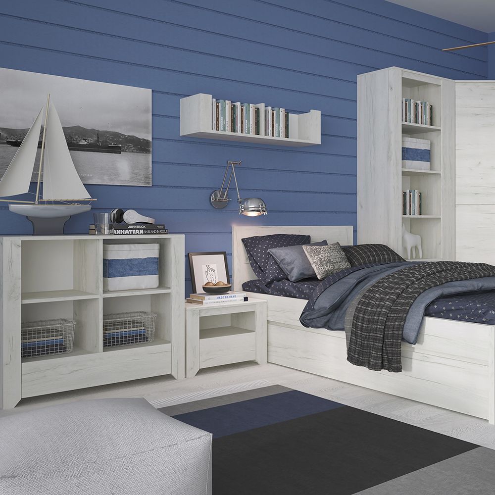 Angel Bedroom Furniture Set – 3 Piece Package in White Oak Finish | Bedside Table, 5 Drawer Chest & 2 Door 2 Drawer Wardrobe