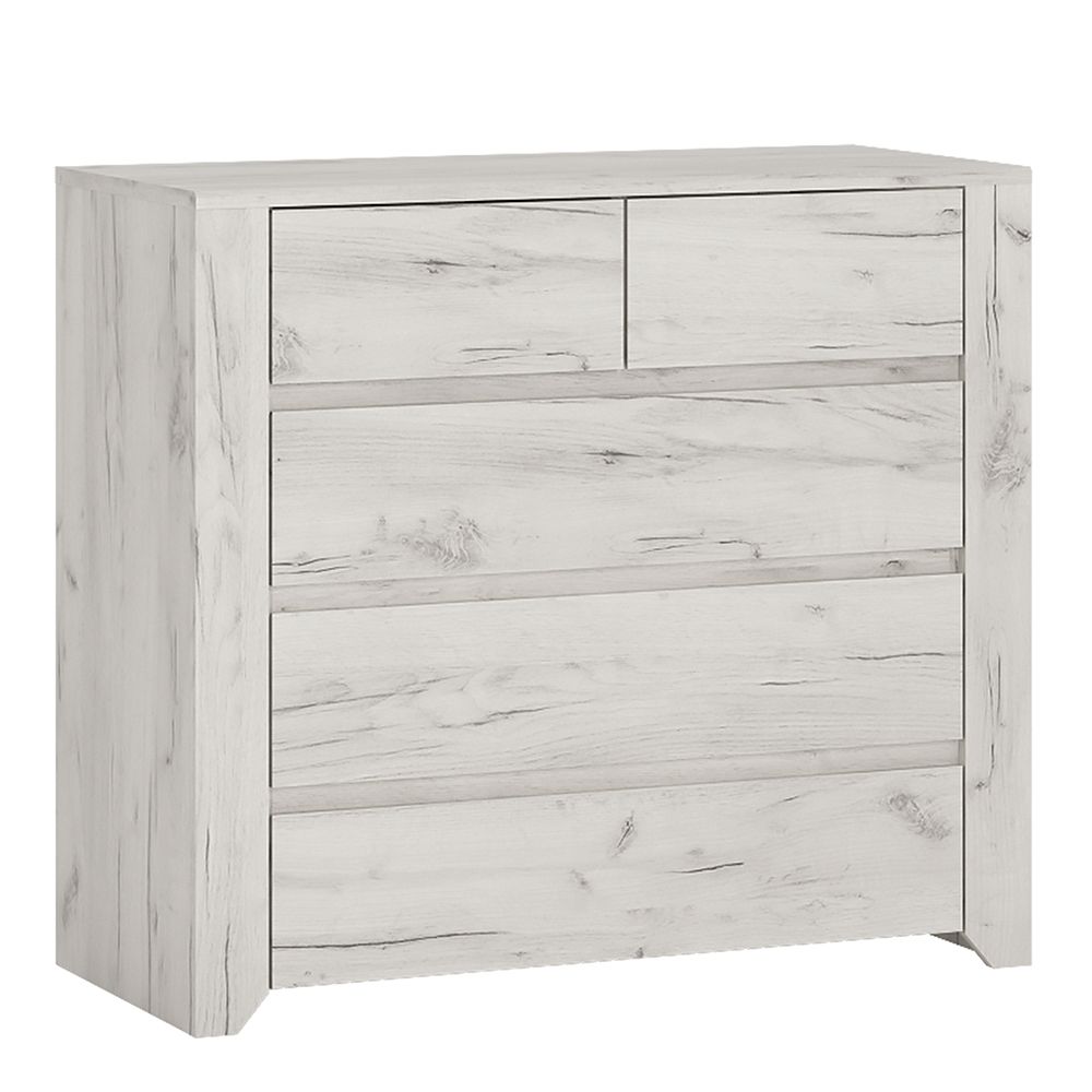 Angel Bedroom Furniture Set – 3 Piece Package in White Oak Finish | Bedside Table, 5 Drawer Chest & 2 Door 2 Drawer Wardrobe