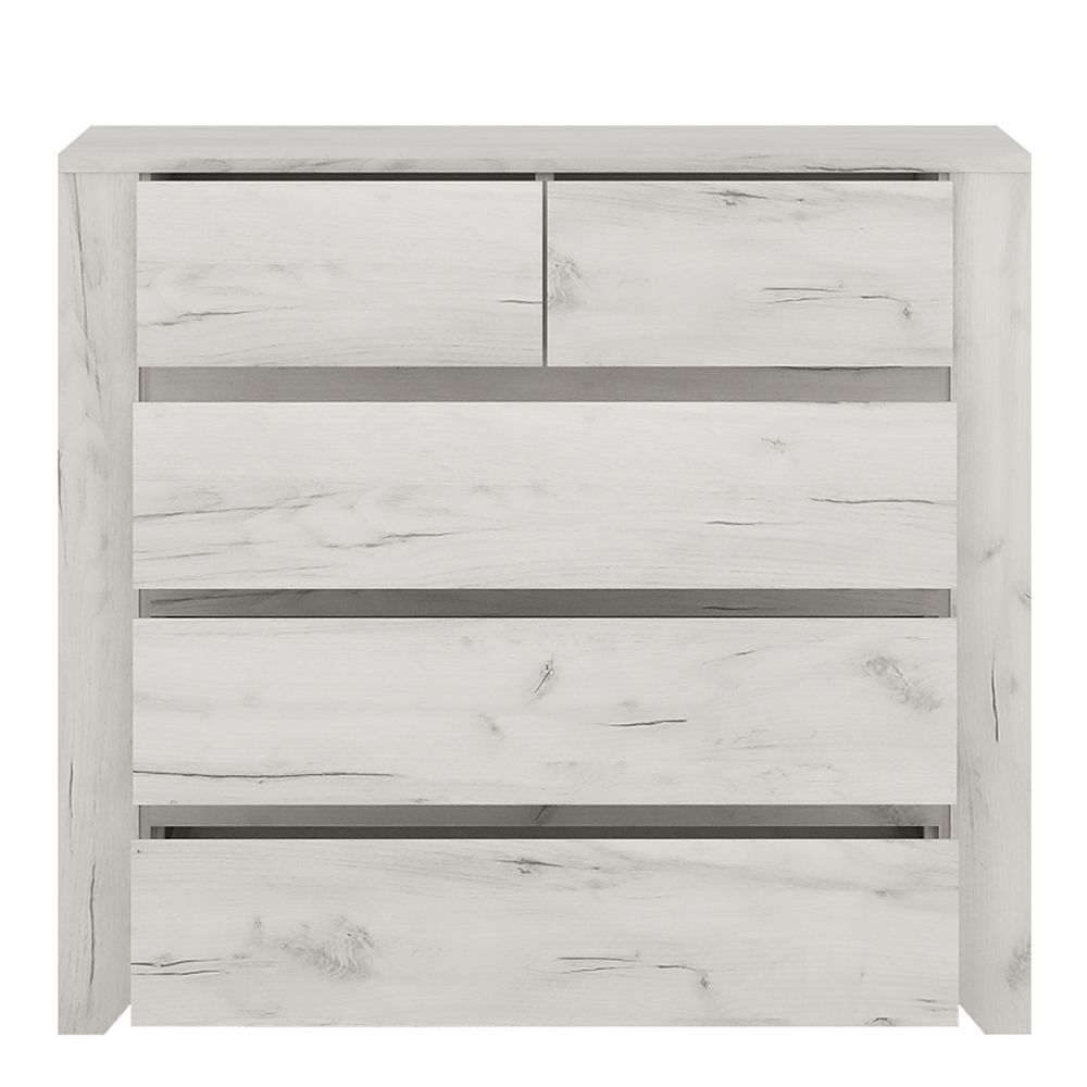 Angel Bedroom Furniture Set – 3 Piece Package in White Oak Finish | Bedside Table, 5 Drawer Chest & 2 Door 2 Drawer Wardrobe