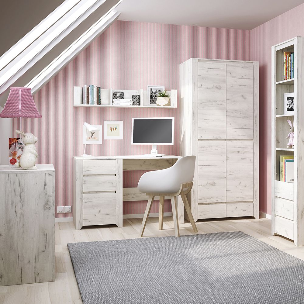 Angel 2+3 chest of drawers in white oak-effect finish with two small top drawers and three wide drawers, ideal for bedroom storage