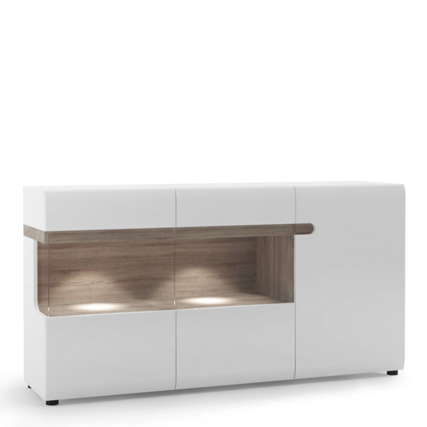Chelsea Glazed Sideboard – 3 Door High Gloss Cabinet in White with Truffle Oak Trim