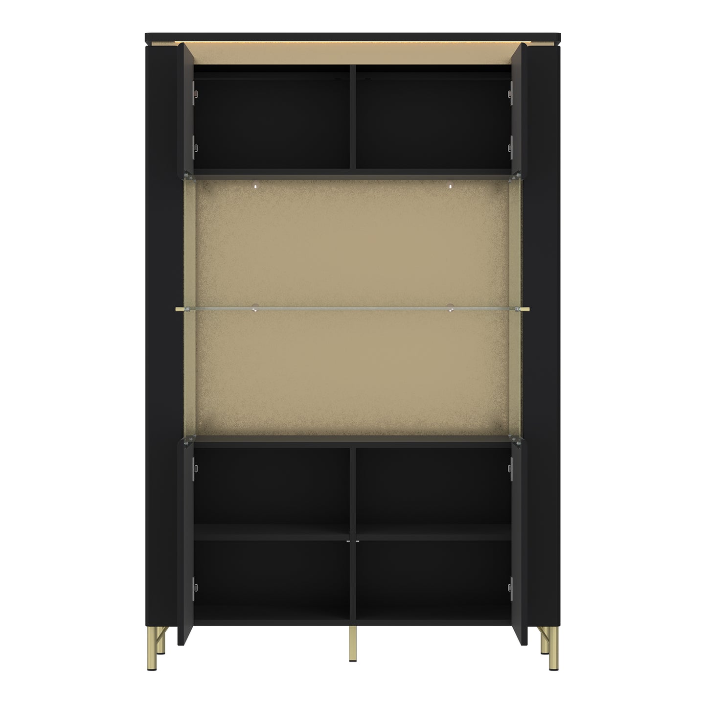 Wide black and gold display cabinet with two glass doors, tempered glass shelves, soft-close doors, and gold legs with LED lighting – Genoa Collection