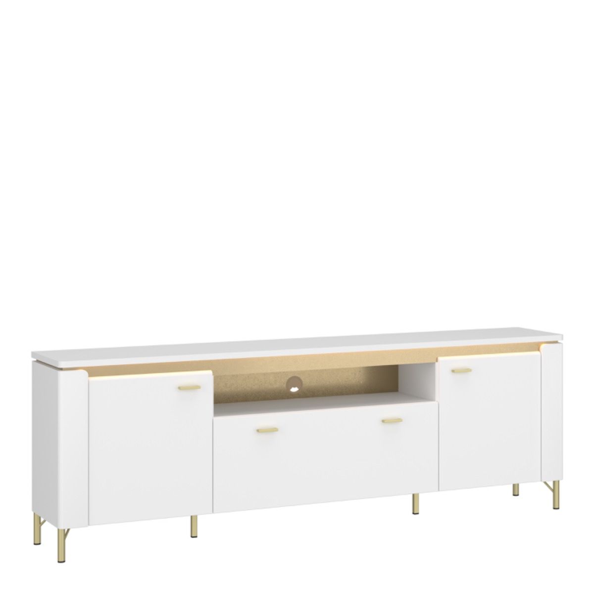 Lazio TV Cabinet 2 Door 1 Drawer – Alpine White High Gloss with Gold Legs and LED Lighting
