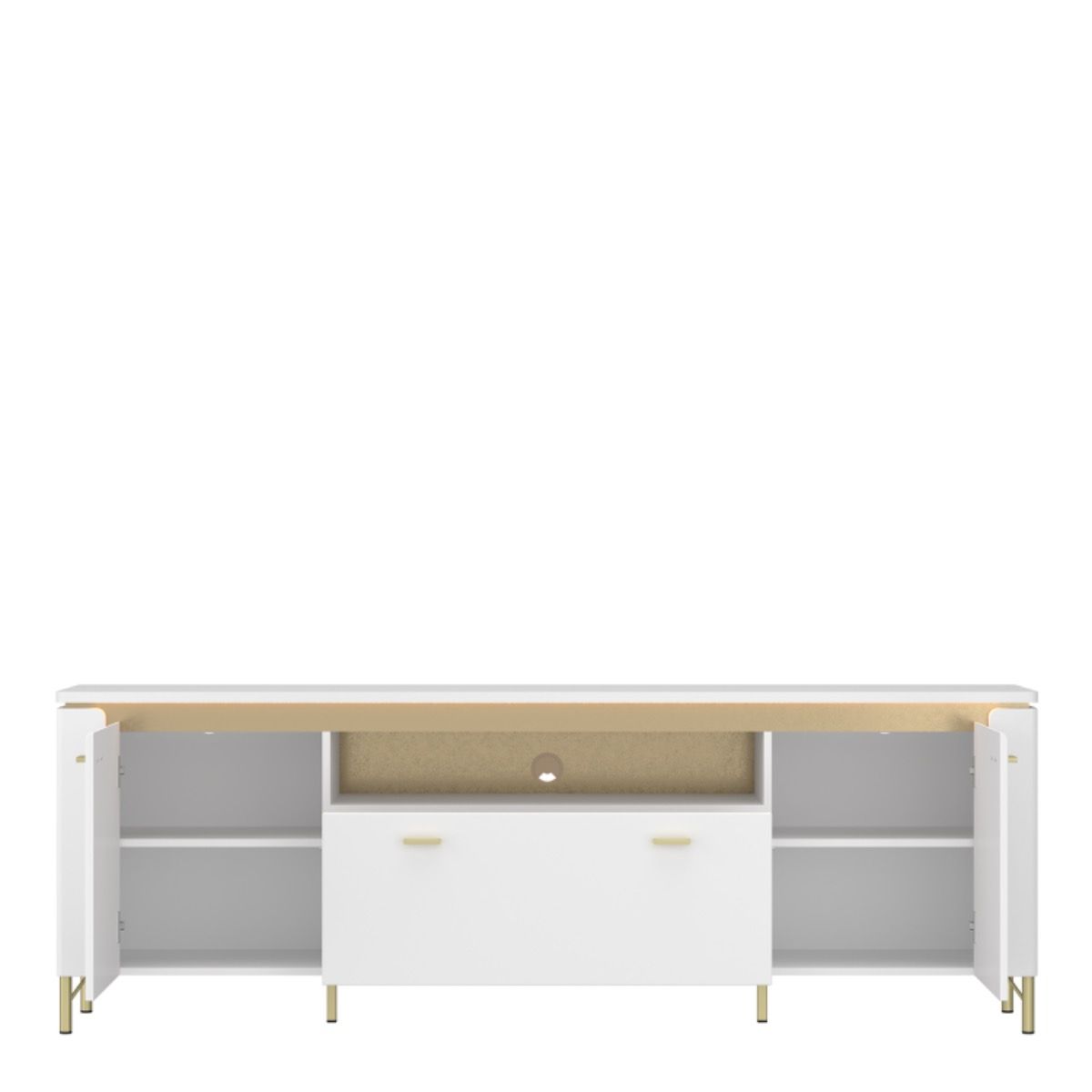 Lazio TV Cabinet 2 Door 1 Drawer – Alpine White High Gloss with Gold Legs and LED Lighting