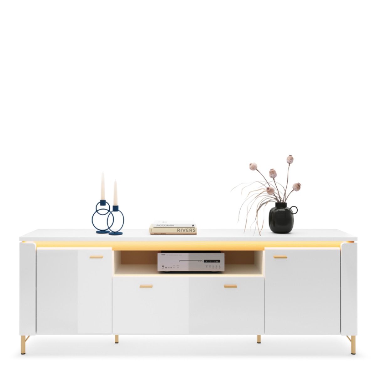 Lazio TV Cabinet 2 Door 1 Drawer – Alpine White High Gloss with Gold Legs and LED Lighting