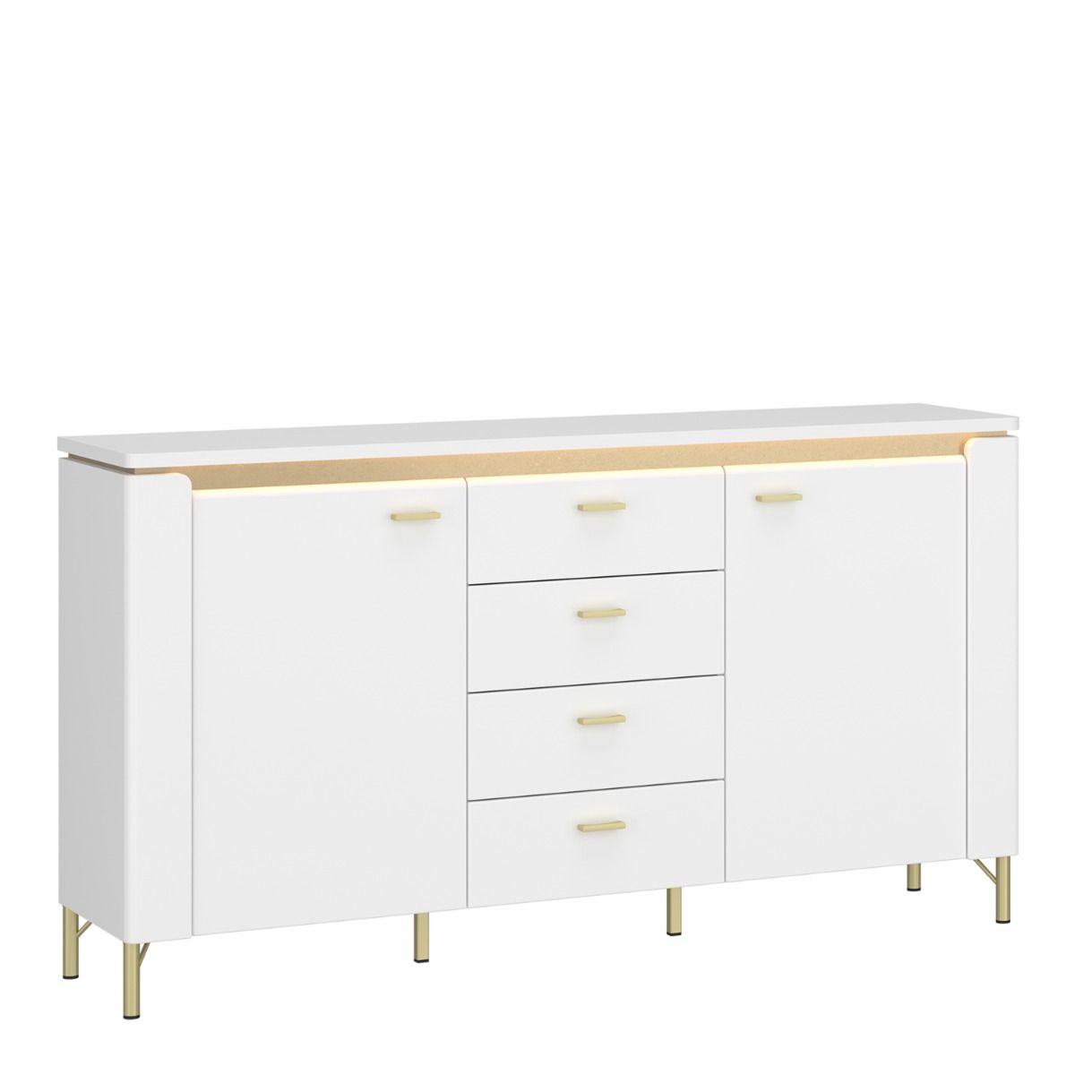 Modern Lazio Sideboard 2 Door 4 Drawer – Alpine White High Gloss with Gold Accents and LED Lighting