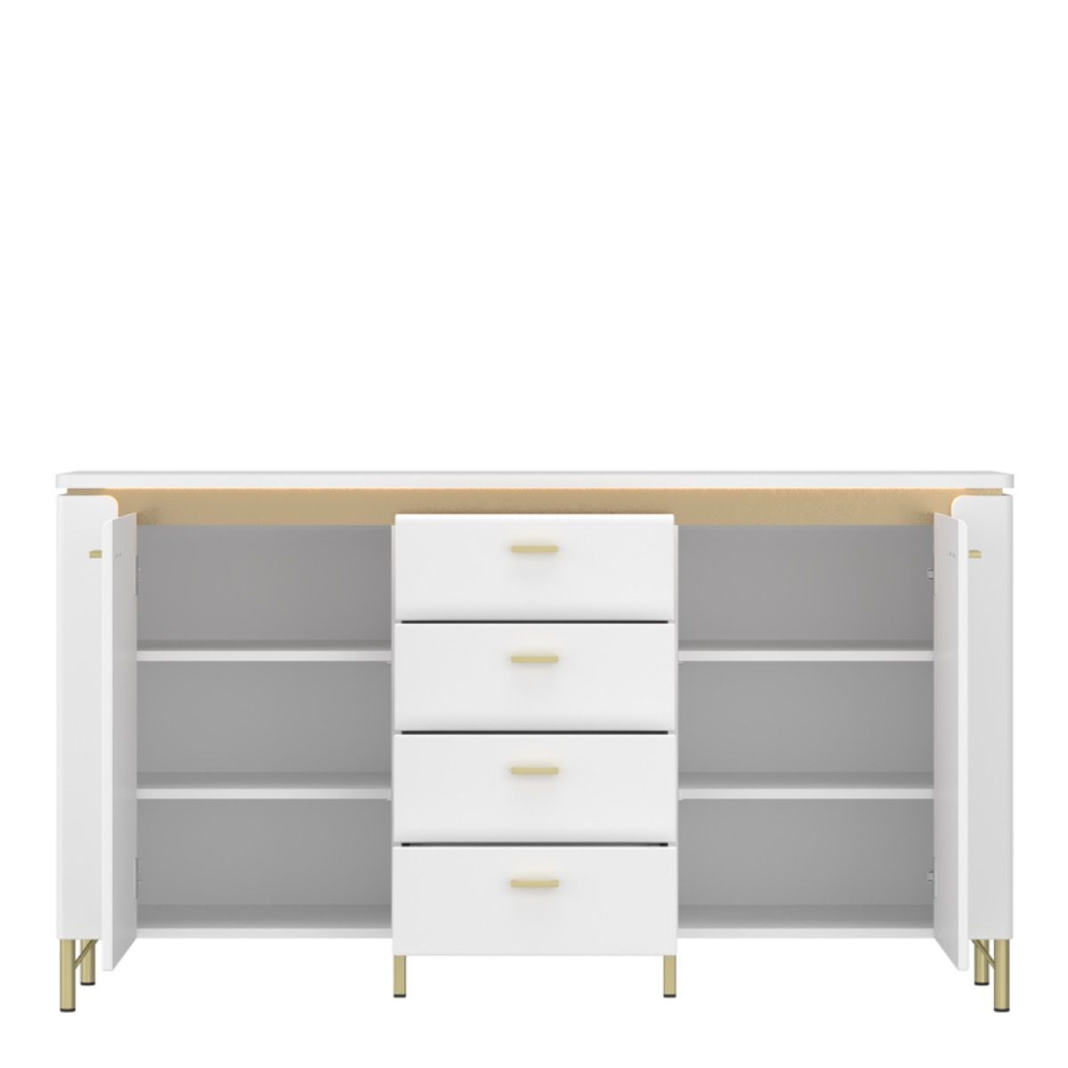 Modern Lazio Sideboard 2 Door 4 Drawer – Alpine White High Gloss with Gold Accents and LED Lighting