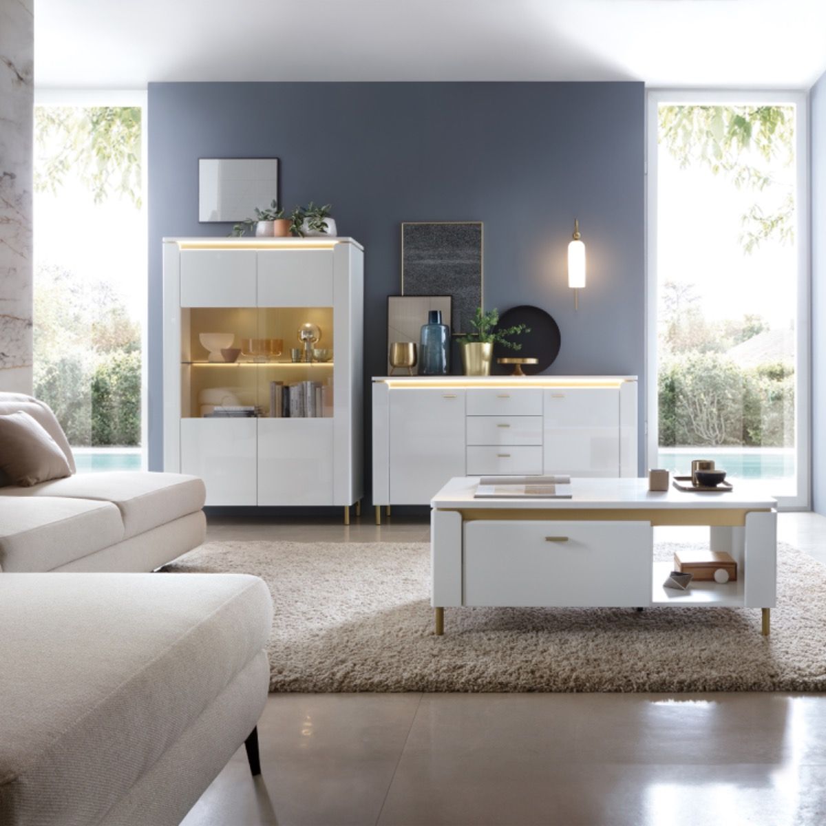 Lazio Sideboard 2 Door 4 Drawer in Alpine White Gloss with gold metal legs and LED lights, modern luxury storage unit for living or dining room