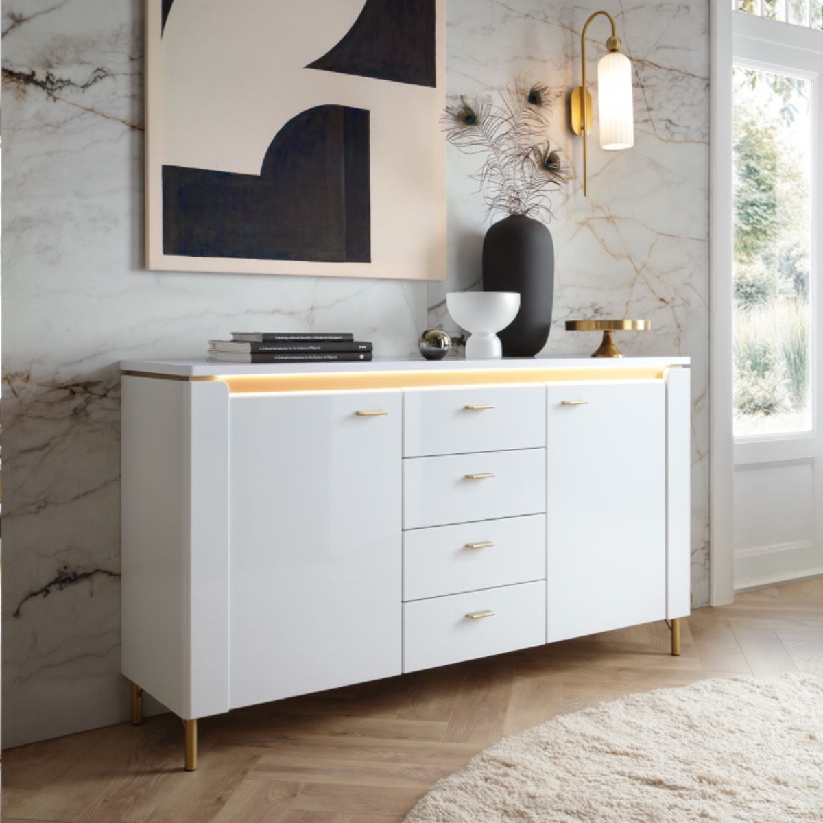 Lazio Sideboard 2 Door 4 Drawer in Alpine White Gloss with gold metal legs and LED lights, modern luxury storage unit for living or dining room