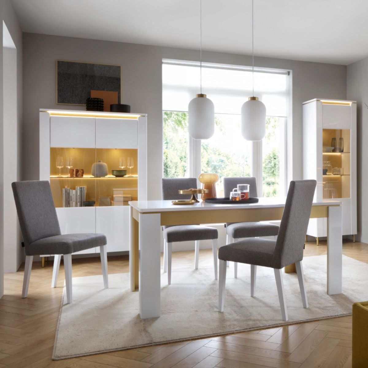 Lazio Display Cabinet with 2 Glass Doors in Alpine White Gloss finish, LED lighting, and gold metal accents, modern vitrin for living or dining room