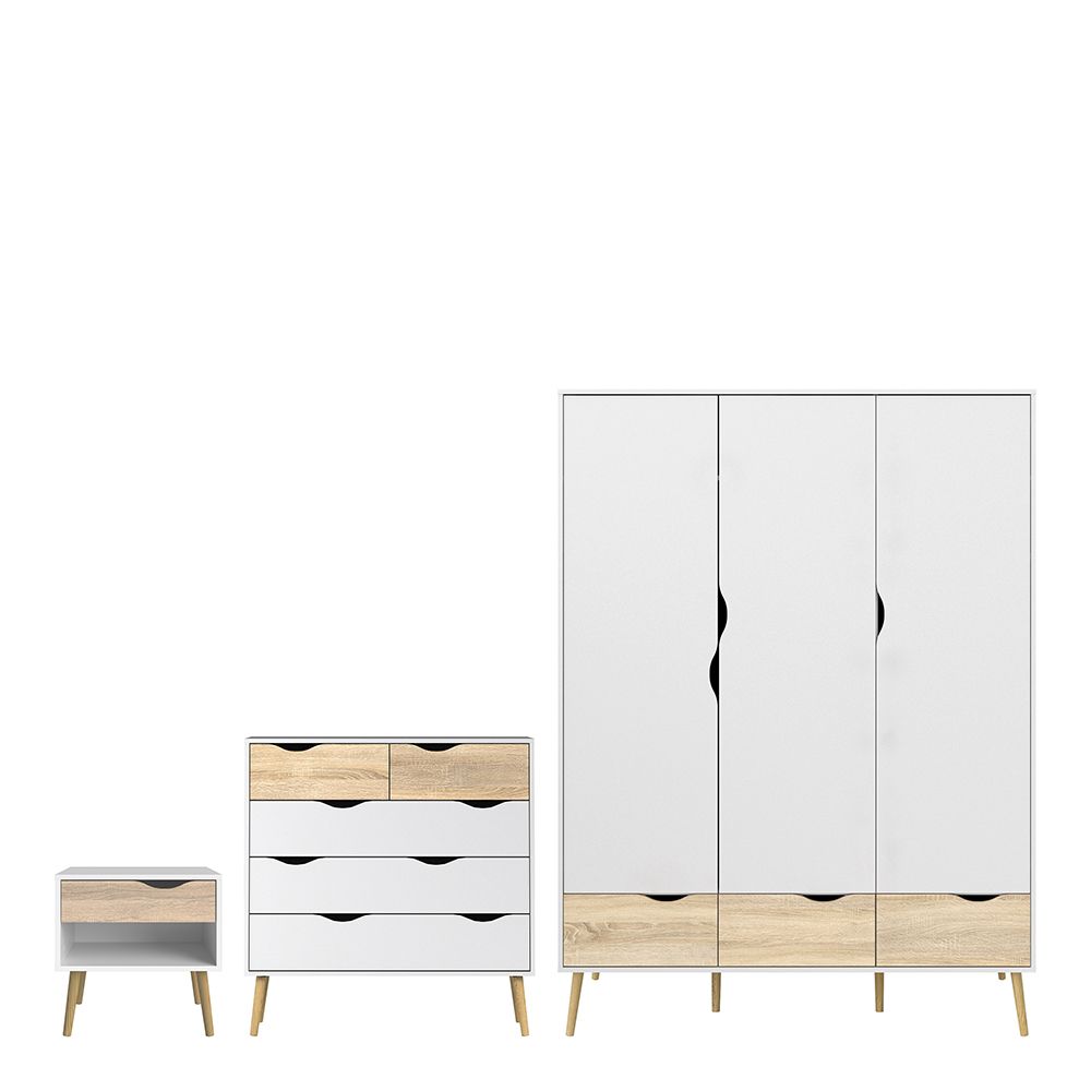 Oslo 3-Piece Bedroom Furniture Set – White & Oak | Wardrobe, Chest & Bedside Table