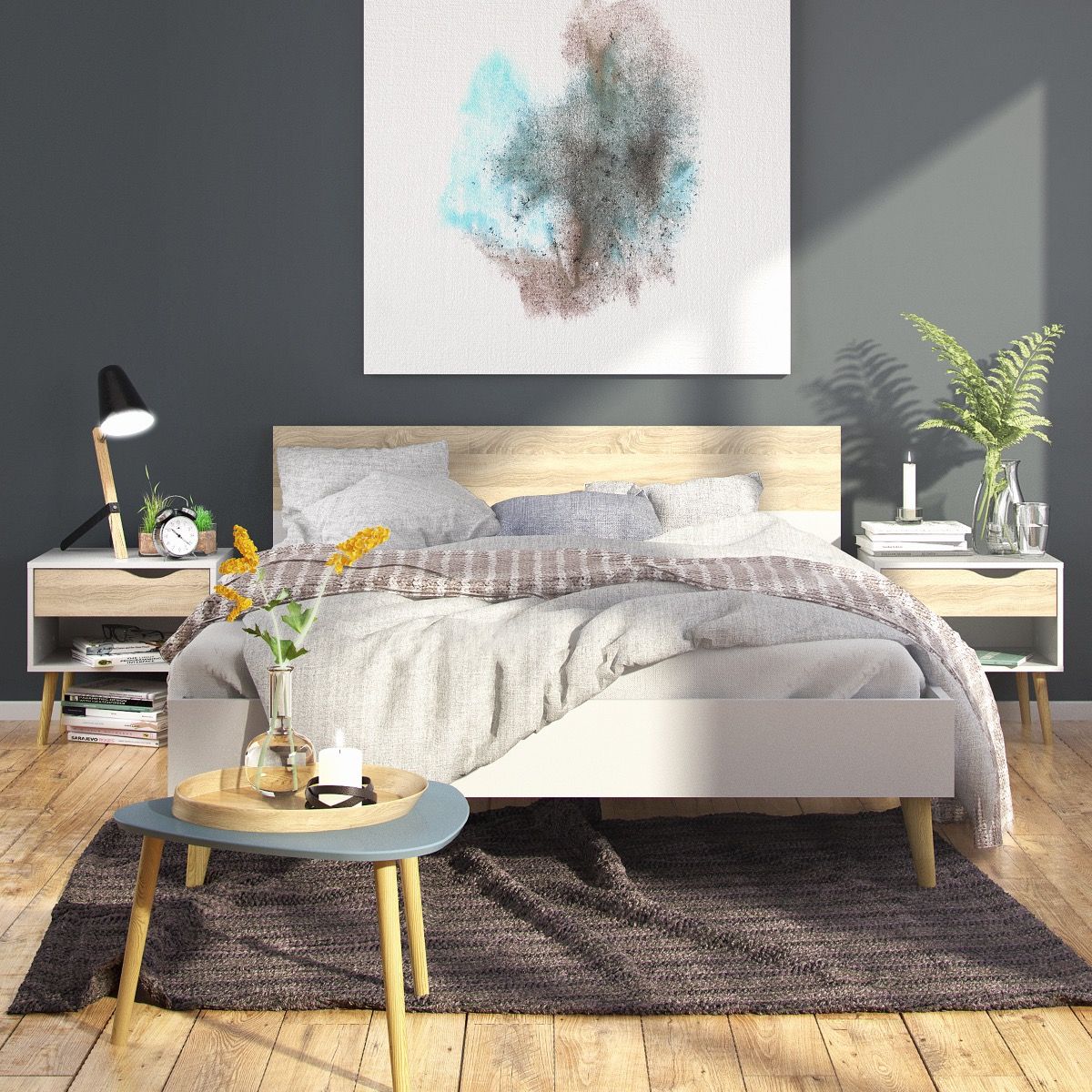 Oslo 3-Piece Bedroom Furniture Set – White & Oak | Wardrobe, Chest & Bedside Table