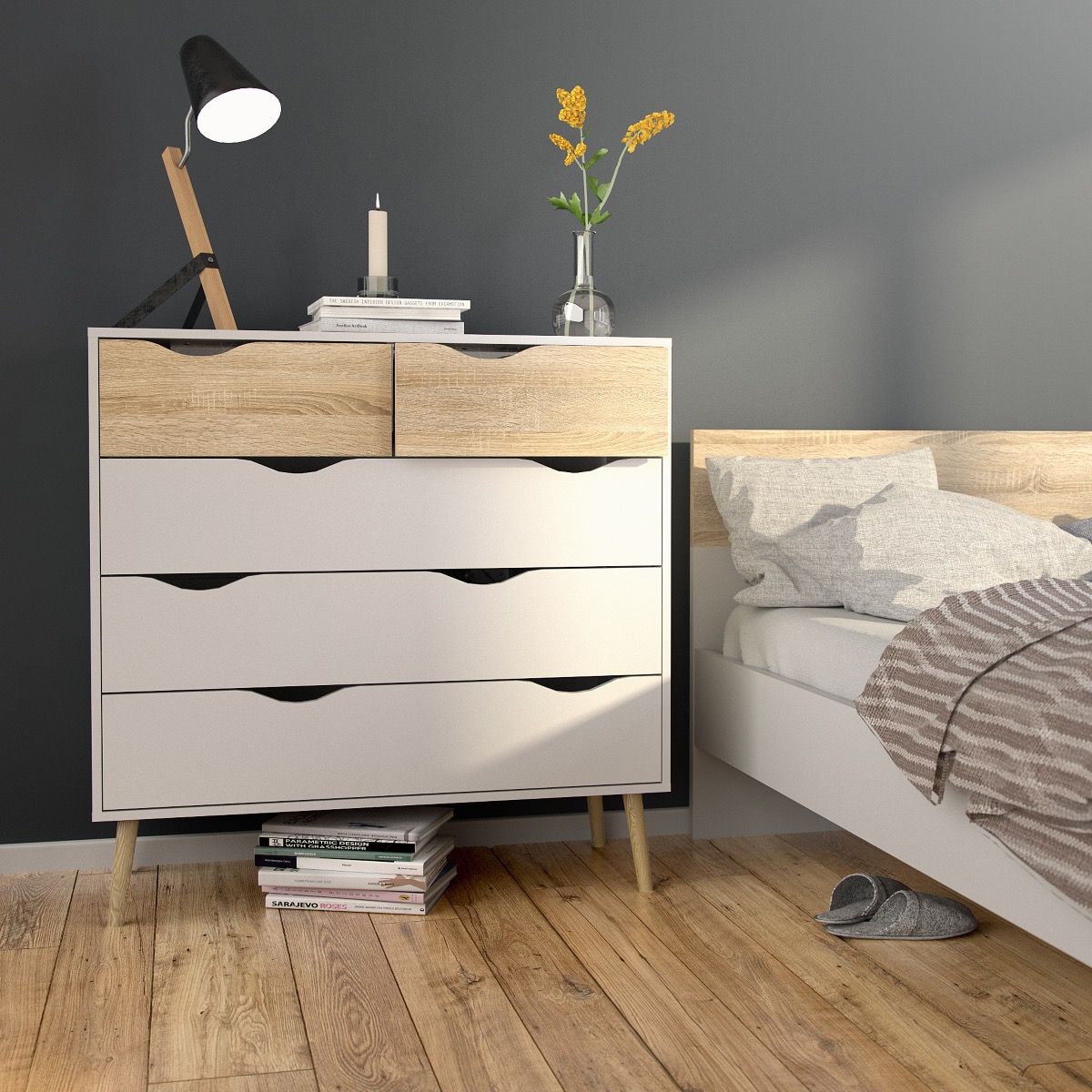 Oslo 3-Piece Bedroom Furniture Set – White & Oak | Wardrobe, Chest & Bedside Table