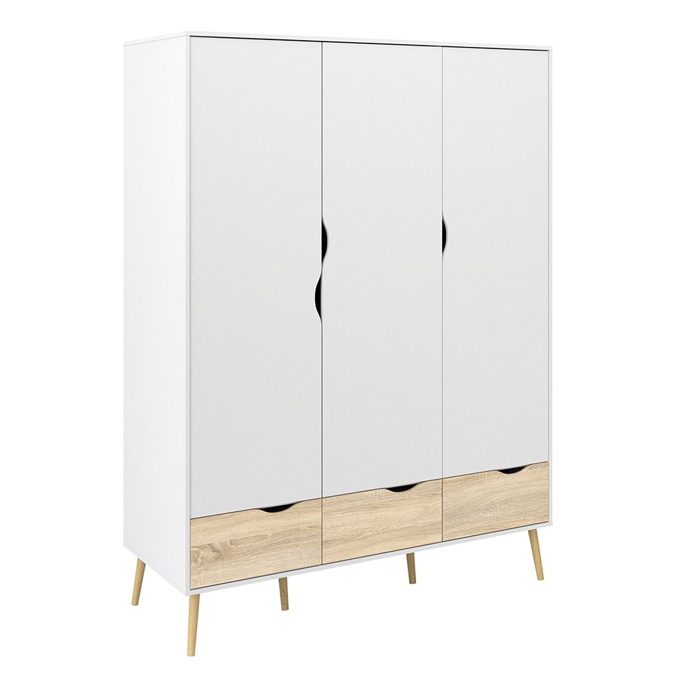 Oslo 3-Piece Bedroom Furniture Set – White & Oak | Wardrobe, Chest & Bedside Table