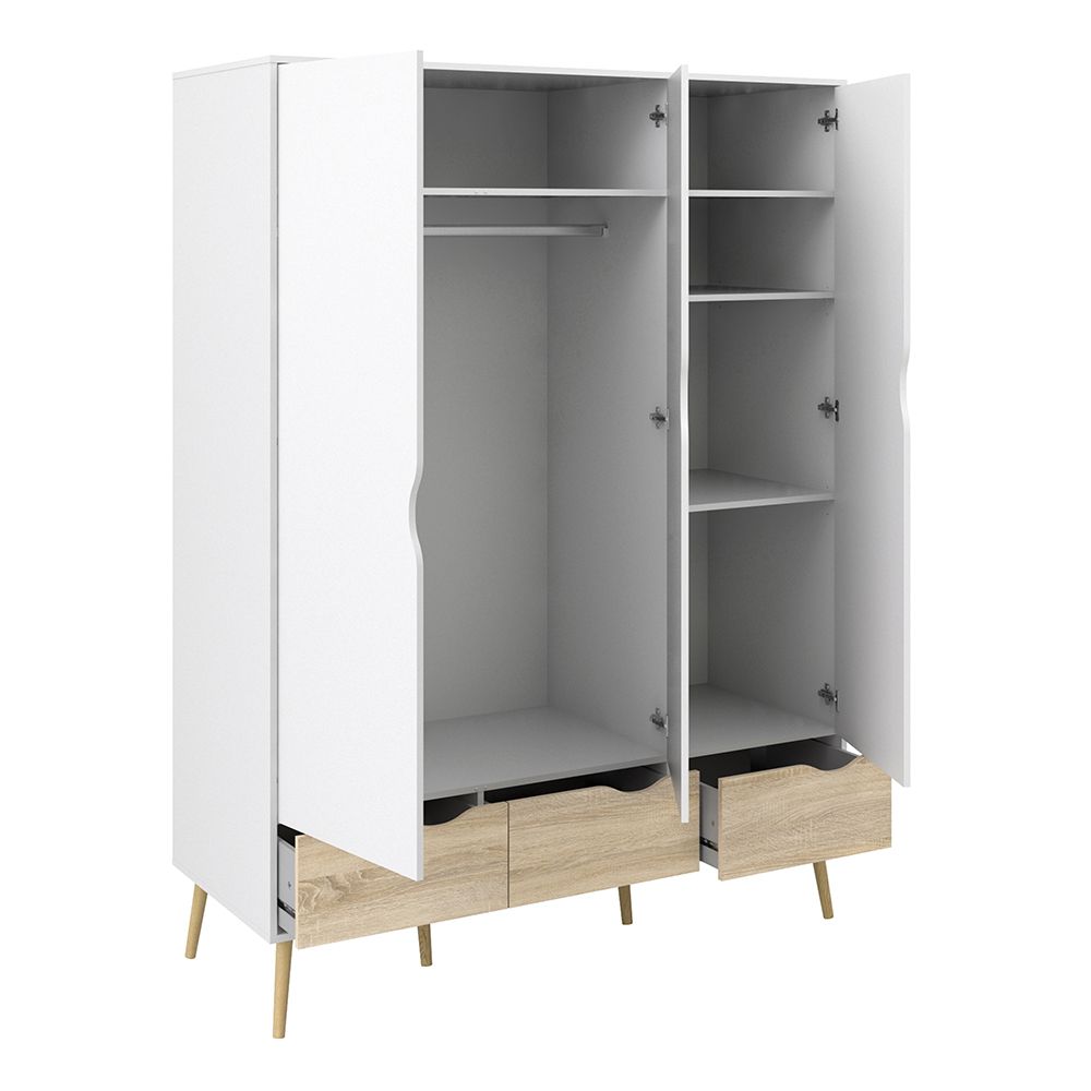 Oslo 3-Piece Bedroom Furniture Set – White & Oak | Wardrobe, Chest & Bedside Table